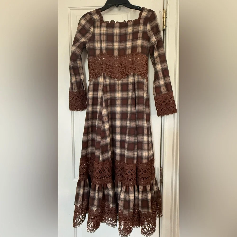 Joyfolie Brown and Cream Plaid Crochet-Trim Girls Dress